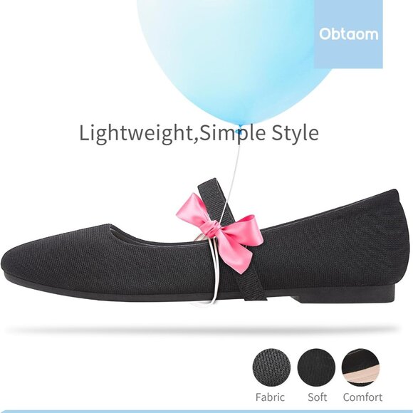 Obtaom Women Black Polyester Round Toe Comfortable Classic Strap Ballet Flat - Picture 2 of 7